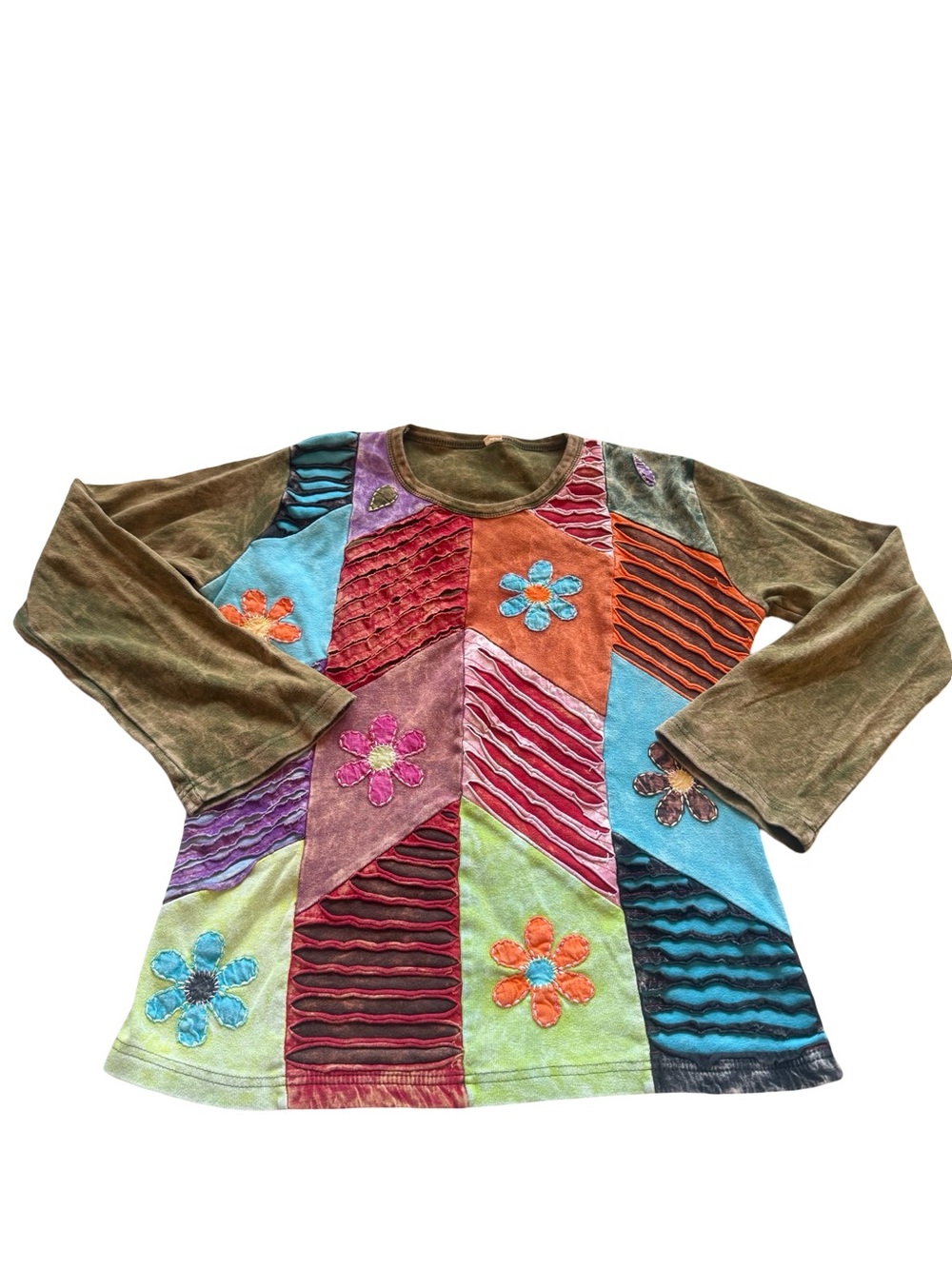 Boho Patchwork Floral Long Sleeve Top Size Large 100% Cotton Hippie Festival - Picture 2 of 6